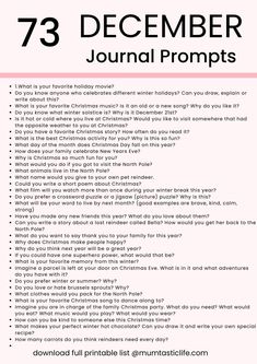 a pink and black poster with the words,'73 december journal prompts '