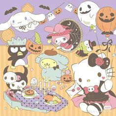 an image of hello kitty halloween party with pumpkins and ghost cats on it's face