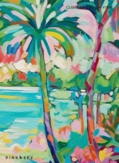 an abstract painting of palm trees by the water