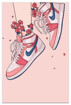 a pair of sneakers with flowers on the soles, against a light pink background