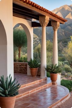 an outdoor patio with potted plants and mountains in the background