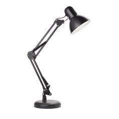 a black desk lamp on a white background with the light turned on and one arm extended