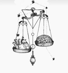 an ink drawing of two scales with food on them