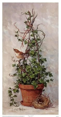 a painting of a bird sitting on top of a potted plant next to a nest