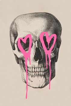 a skull with three hearts painted on it's face and the word love spelled in pink