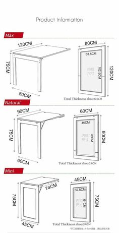 the table is shown in three different sizes and widths, with measurements for each piece