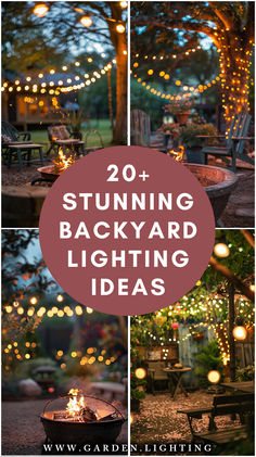 a collage of photos of a backyard with a fire pit and string lights Lights In The Garden Ideas, Fun Outdoor Lighting, Outdoor Accent Lighting Ideas, Garden Ideas Lights, Outdoor Lights Backyard, Lighting For Patio Ideas, Lighting In Backyard, Ways To Light Up Your Backyard, Lights Strung In Backyard