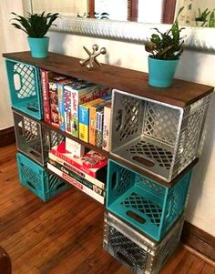 a bookshelf filled with lots of books on top of a wooden floor