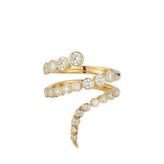 ONDYN coil wrap ring Approx. ring size 6 - 7 18-karat yellow gold or white gold Bezel-set diamond and signature wave tip Diamond total carat weight: 1.37 Imported Diamond Rings, Coil Ring, Spiral Ring, Swirl Ring, Wrap Ring, Bezel Set Diamond, Wrap Rings, Bezel Setting, Swirl