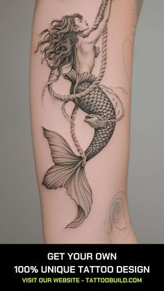 a woman with a mermaid tattoo on her leg and the words get your own unique tattoo design