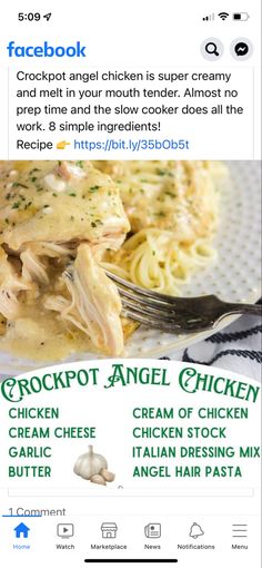 an ad for crockpot angel chicken pasta on the app store's facebook page