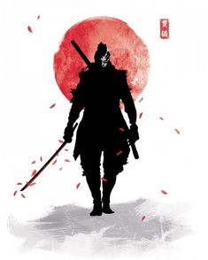 the silhouette of a man holding two swords in front of a red sun