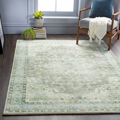 a living room area with a chair, rug and window in the background is shown