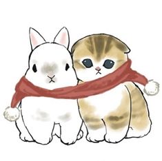 a cat and a bunny are sitting next to each other with a scarf around their necks