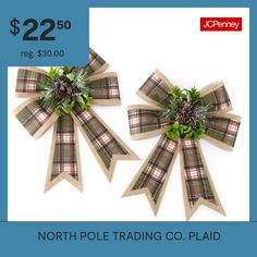 two christmas bows are shown with the price tag below