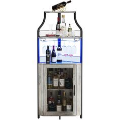 a wine cooler with bottles and glasses on it's side, in front of a white background