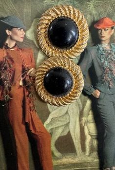 "80s Mega Gold Rope with Black Matte Stone Cabochon Button Earrings. These earrings are gorgeous and are of nice quality. No hallmark noted. They measure  1 3/8\". They are clip ons and they are taunt and function well.  Free Shipping in the U.S. when Purchasing $35 or more. Complementary Vintage Gift Wrap. Please message me with questions about this listing. No Returns or Exchanges." 80s Jewelry, 80s Earrings, Bold Earrings, Cabochons Stones, Button Earrings, Black Earrings, Black Matte, Black Stone, Vintage Gifts