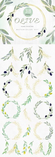 watercolor olives and leaves on white paper with gold trimming, in the middle of