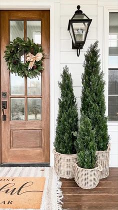 two potted trees sitting on the front porch