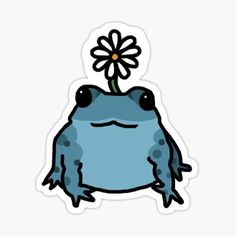 a blue frog with a flower in its mouth sticker on a white background,