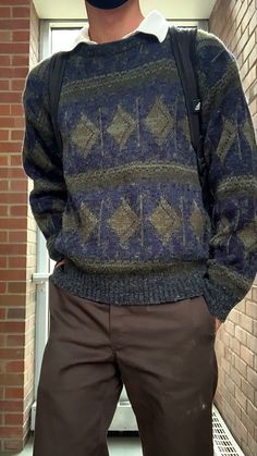 Mens Vintage Sweater Outfits, Guys In Sweaters Aesthetic, Man In Sweater Aesthetic, Old Man Sweater Aesthetic, Sweater Guy Outfits, Men’s Vintage Sweaters, Knitted Sweaters Aesthetic Men, Boston Birks Outfit Men, Grandpa Clothes Aesthetic Men