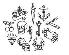 a black and white drawing of various tattoos