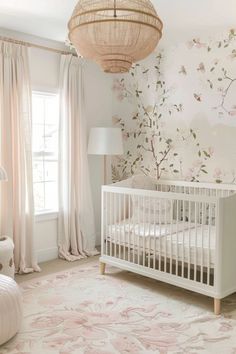 nursery ideas baby room baby nursery neutral Nursery With Wallpaper Accent Wall, Whimsical Baby Girl Nursery, Baby Girl Nursery Theme Ideas, Girls Nursery Wallpaper, Expensive Nursery, Bridgerton Nursery, French Inspired Nursery, Elegant Baby Nursery