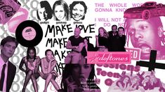 the collage shows many different people in pink and black colors, including one with a cross on it