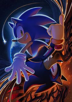 sonic the hedgehog is flying through space with his arms in the air and pointing at something