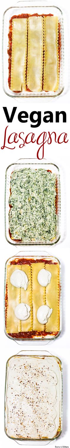 four different types of lasagna casserole in glass dishes