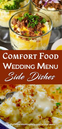 comfort food wedding menu for side dishes with text overlay that reads comfort food wedding menu side dishes