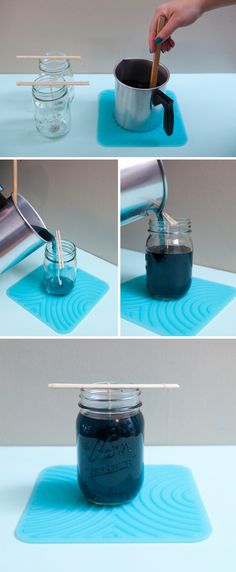 the process of making blue liquid in a mason jar