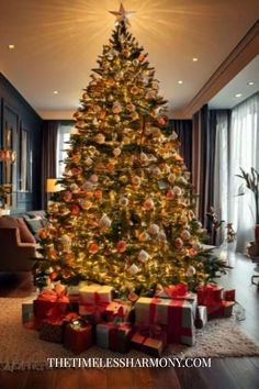 a christmas tree with presents under it in a living room