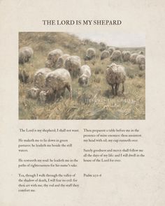 an old book with some sheep in the grass and words written below it that read, the lord is my shepherd