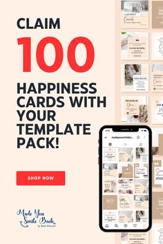 a cell phone with the text claim 100 happiness cards with your template pack