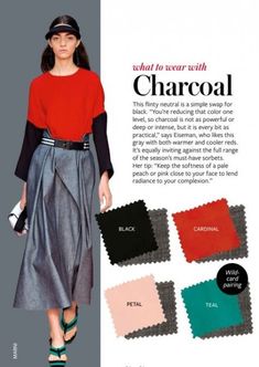 a woman in a red top and grey skirt with black heels is featured in the article, what to wear with charcoal