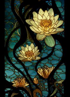 a stained glass window with flowers and leaves in the center, as well as water lilies