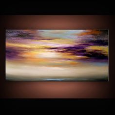 an abstract painting with purple, orange and yellow colors in the sky over water on a black background