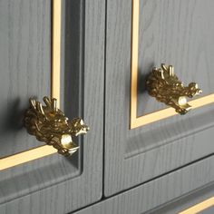 two gold handles on some gray drawers