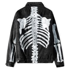 Style: Casual Material: COTTON & Polyester Sleeve Style: Regular Type: Wide-waisted Pattern Type: Hand-painted Clothing Length: Regular Decoration: PATTERN Collar: Turn-down Collar Cuff Style: Conventional Color: Black, Blue Size: M,L,XL Skeleton Jean Jacket - Wear it if you dare The Skeleton Jean Jacket is made of durable, heavy-duty denim with a human skeleton structure designed like it is painted. It is perfect for any occasion. The sleeves are long and can be pushed up to reveal more of the Graffiti Skeleton, Skeleton Jacket, Casual Denim Jacket, Hand Painted Denim Jacket, Egirl Clothes, Looks Pinterest, Skeleton Bones, Painted Denim Jacket, Printed Denim Jacket