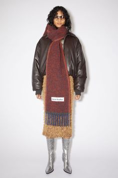 Acne Studios aubergine blue fringed scarf is detailed with an embroidered Acne Studios label and crafted from a soft wool-mohair blend. Men Shoes With Jeans, Mohair Scarf, Leather Heeled Boots, Fringe Scarf, Mohair Wool, Logo Label, Shoes With Jeans, Fall Fashion Trends, High End Fashion