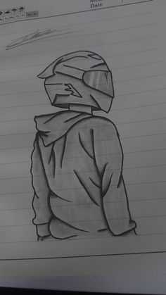 a drawing of a person wearing a helmet and jacket with his back turned to the camera