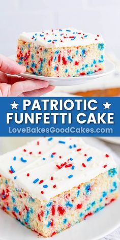 patriotic funfetti cake with white frosting and sprinkles