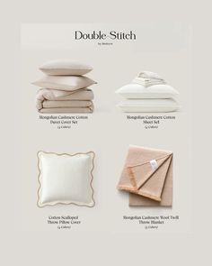 the double - stitch bedding is shown in three different colors and sizes, including linens