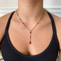 "Elegant red teardrop crystal pendant with small red crystal beads on a gunmetal grey chain. Versions include: Long drop pendant grey or Long drop gold on a gold plated chain. 18-19\" adjustable with extender" Indie Jewelry, Pola Gelang, Dope Jewelry, Jewelry Lookbook, Funky Jewelry, Gunmetal Grey, Crystal Drop, Jewelry Inspo, Dream Jewelry