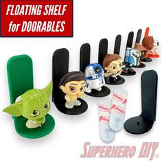 the star wars action figures are lined up in different styles and colors, with text reading floating shelf for doorables