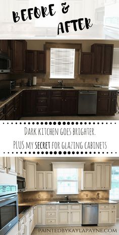 the before and after pictures of a kitchen remodel with white cabinets, stainless steel appliances, and granite counter tops