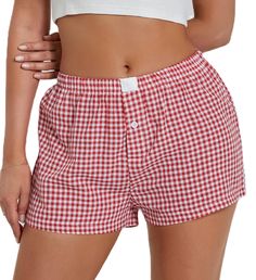 PRICES MAY VARY. Material: Women gingham pajama bottoms made by high quality 95%polyester, 5%cotton fabric. The casual lounge shorts for women are breathable and skin-friendly. Cut from soft fabric for a comfortable fit, brathable and lightweight, y2k going out shorts for women, ginham boxer shorts. Feature: Plaid shorts, elastic waistband with patched label, low waist, plaid print, button front, shorts for women, loose fit, above knee length, pull-on closure, wide leg gingham boxer pajama short Casual Knee-length Shorts, Flannel Pjs Shorts, Flannel Shorts Pj, Plaid Shorts Pj, Cheap Pajama Shorts, Low Pants With Boxers, Plaid Short Pants, Cute Christmas Pj Shorts, Pyjama Shorts Women