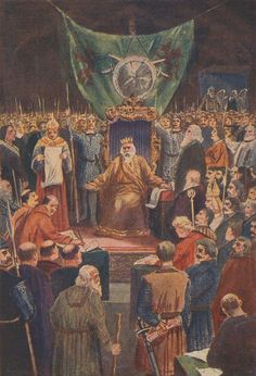 an illustration of a man sitting on a throne surrounded by people