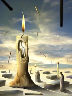 a burning candle in the middle of a desert with other objects around it and sky background